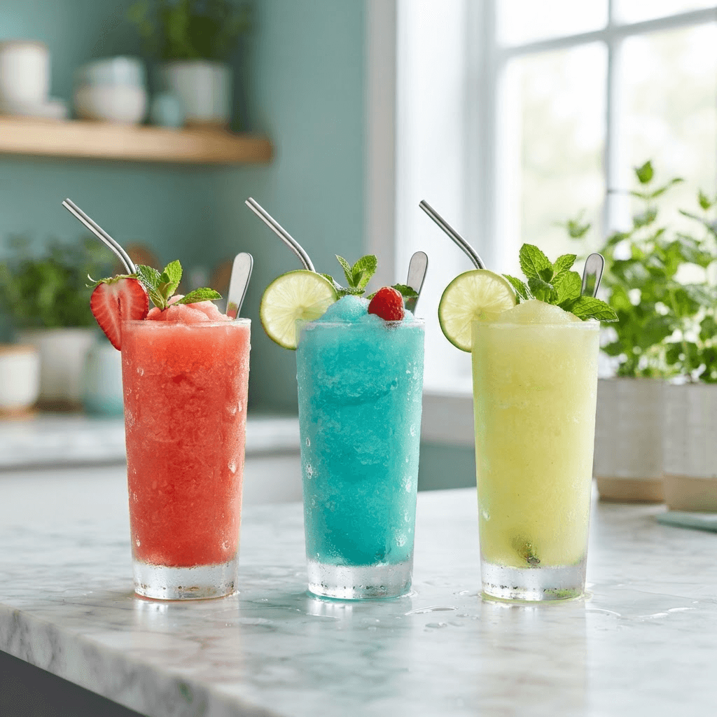 Colorful frozen slush drinks in tall glasses