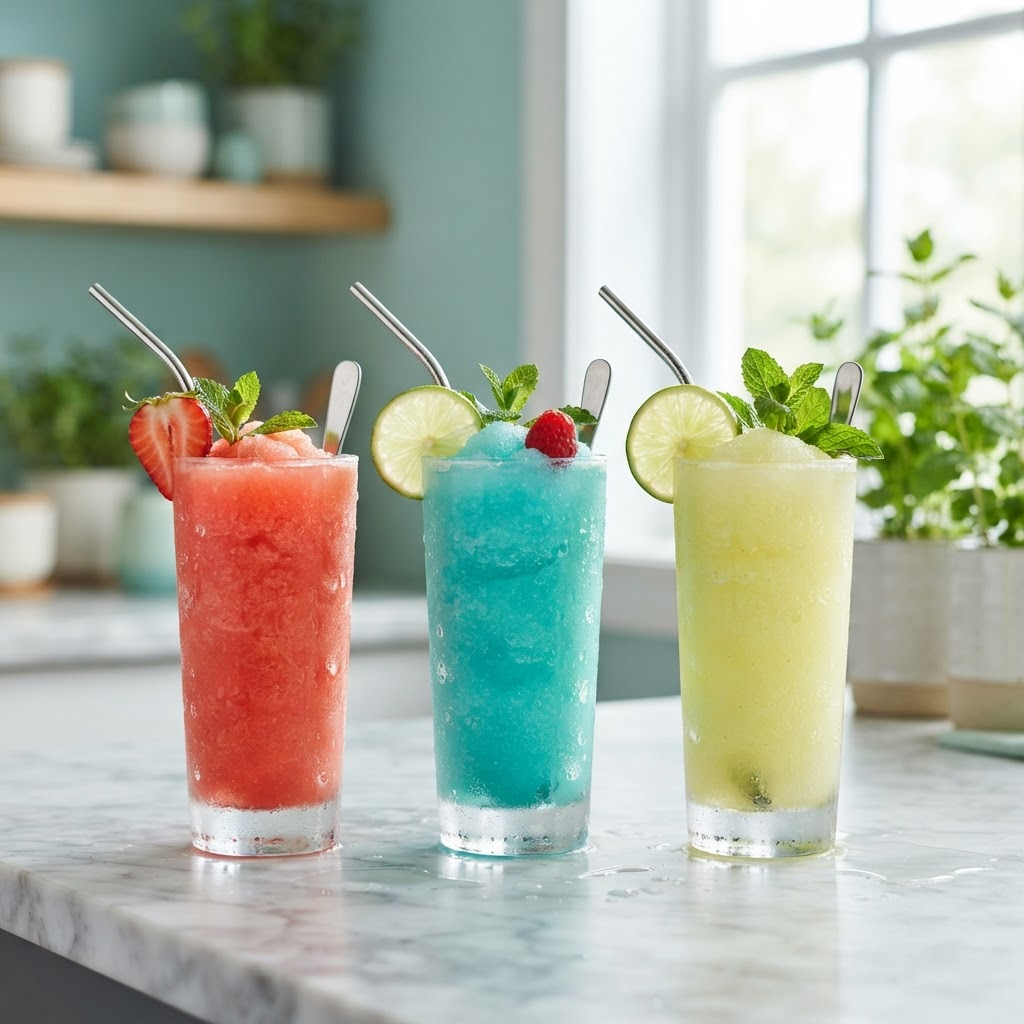 Colorful frozen slush drinks in tall glasses